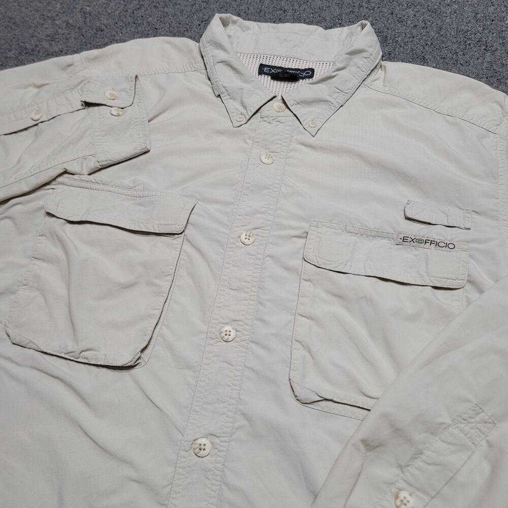 Exofficio Shirt Mens 2XL XXL Khaki Air Strip Fishing Hiking Travel Lightweight